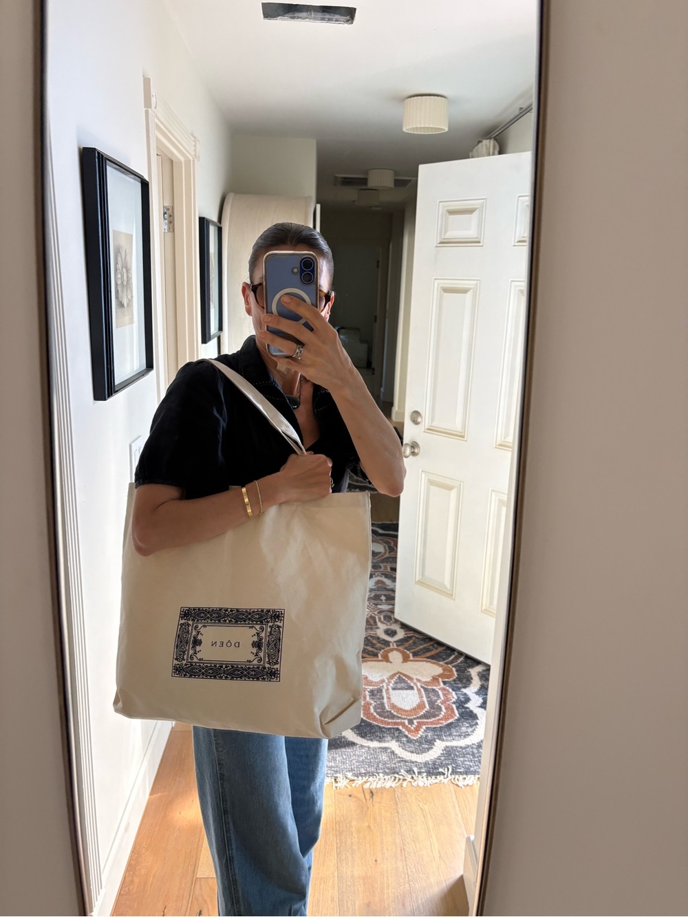 Doen Made in USA Large Canvas Tote White Blue